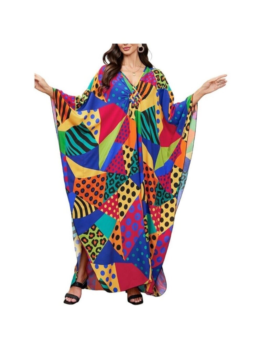 Women Colourful Polka Vneck Batwing Sleeve Flowy Split Hem Bohemian Kaftan Dress